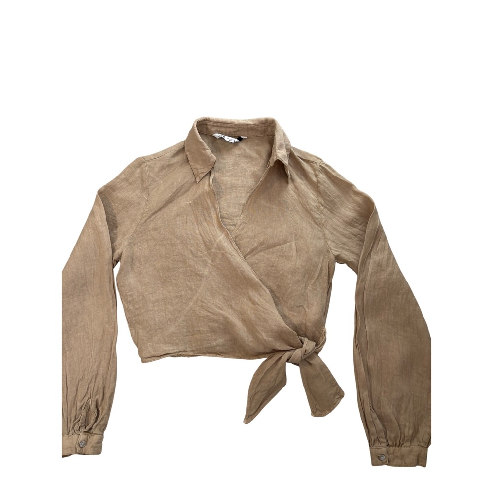 Zara Womens Tan Linen Wrap Crop Top Long Sleeve Tie Waist Blouse Beige XS Boho